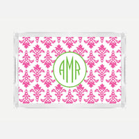 Monogrammed Pink Damask Lucite Serving Tray