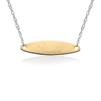 Gold Engraved Oval Tag on Sterling Silver Necklace