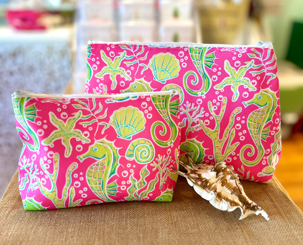 Monogrammed Hot Pink & Lime Seahorse Cosmetic Bags