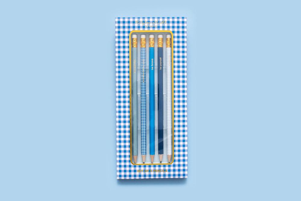 Blue Gingham Pencil Set