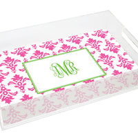 Monogrammed Pink Damask Lucite Serving Tray