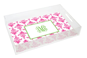 Monogrammed Pink Damask Lucite Serving Tray