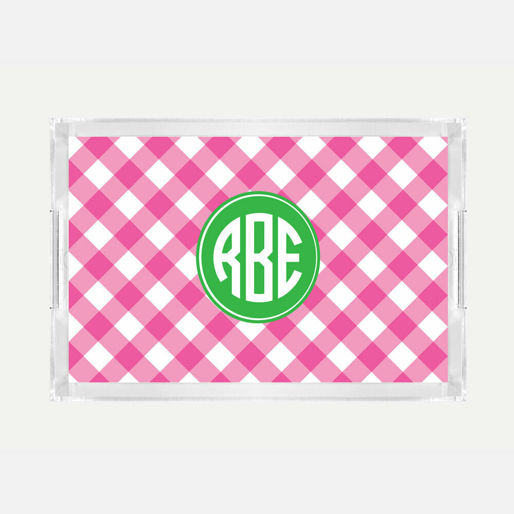 Monogrammed Pink Check Lucite Serving Tray