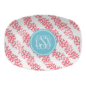 Monogrammed Coral Stripe Melamine Platter