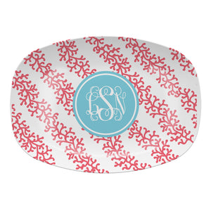 Monogrammed Coral Stripe Melamine Platter