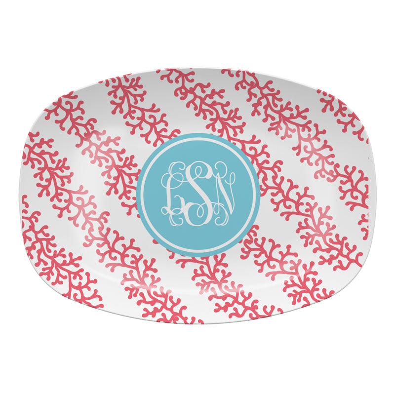 Monogrammed Coral Stripe Melamine Platter