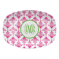 Monogrammed Pink Damask Melamine Platter
