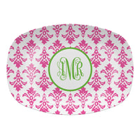 Monogrammed Pink Damask Melamine Platter