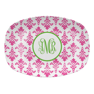 Monogrammed Pink Damask Melamine Platter