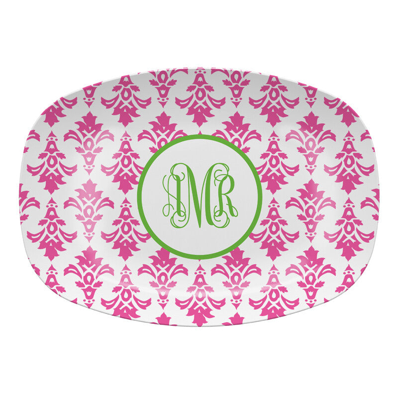 Monogrammed Pink Damask Melamine Platter