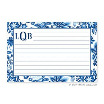 Monogrammed Classic Blue Floral Recipe Cards
