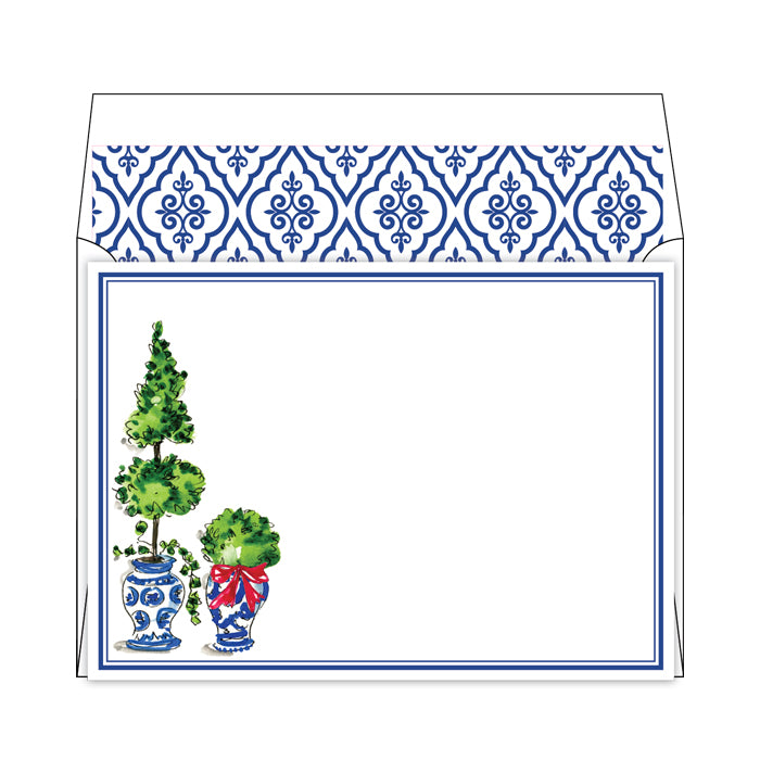 Topiaries with Blue Border Notecards