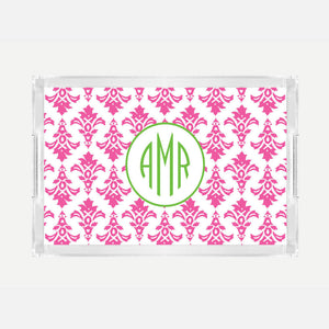 Monogrammed Pink Damask Lucite Serving Tray