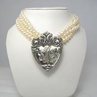 Hand Engraved Monogrammed Sterling Silver Pendant on Pearls