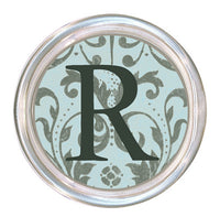 Monogrammed Aqua and Silver Damask Coaster
