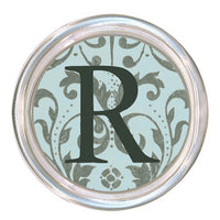 Monogrammed Aqua and Silver Damask Coaster