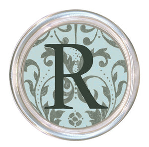 Monogrammed Aqua and Silver Damask Coaster