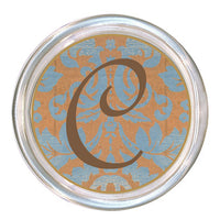 Monogrammed Copper & Blue Damask Coaster