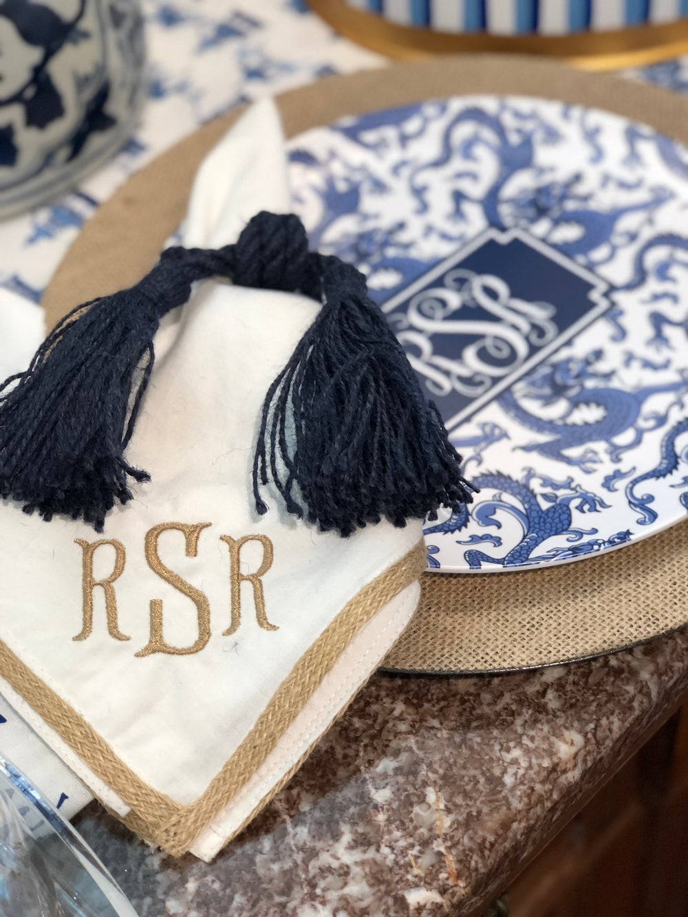Jute Trim Monogrammed Napkins/set of 4