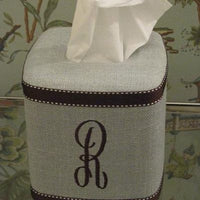 Monogrammed Pale Blue Linen Tissue Box Cover