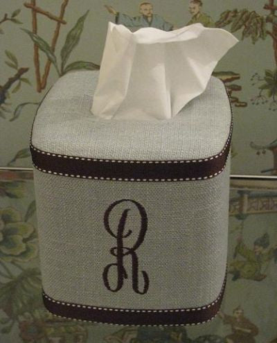 Monogrammed Pale Blue Linen Tissue Box Cover