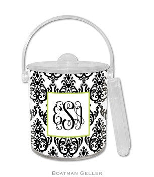 Madison Damask White with Black Monogrammed Lucite Ice Bucket