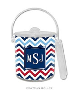 Chevron Blue & Red Monogrammed Lucite Ice Bucket