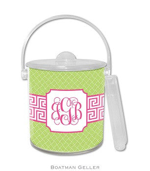 Greek Key Band Pink Monogrammed Lucite Ice Bucket
