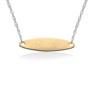 Gold Engraved Oval Tag on Sterling Silver Necklace