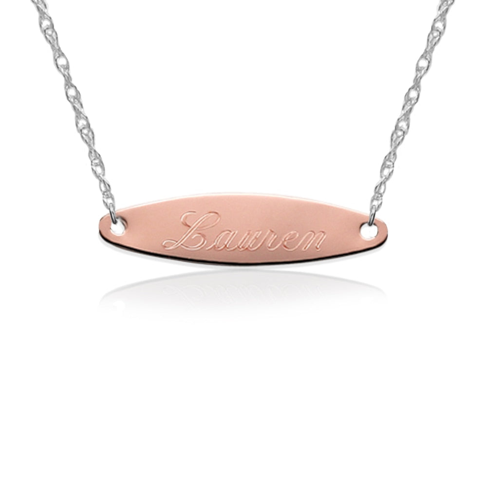 Gold Engraved Oval Tag on Sterling Silver Necklace