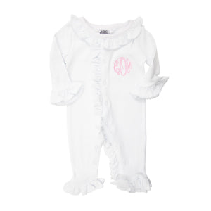Monogrammed Ruffle Onesie w/Pink Trim