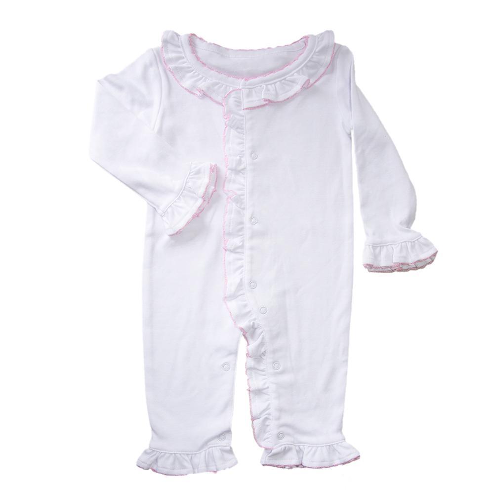 Monogrammed Ruffle Onesie w/Pink Trim