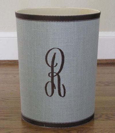 Monogrammed Pale Blue Linen Waste Basket