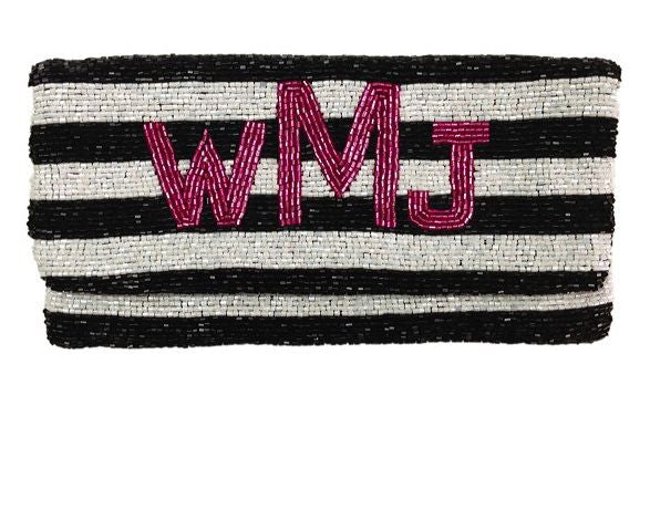 Monogrammed Striped Beaded Clutch