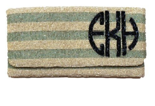 Monogrammed Striped Beaded Clutch