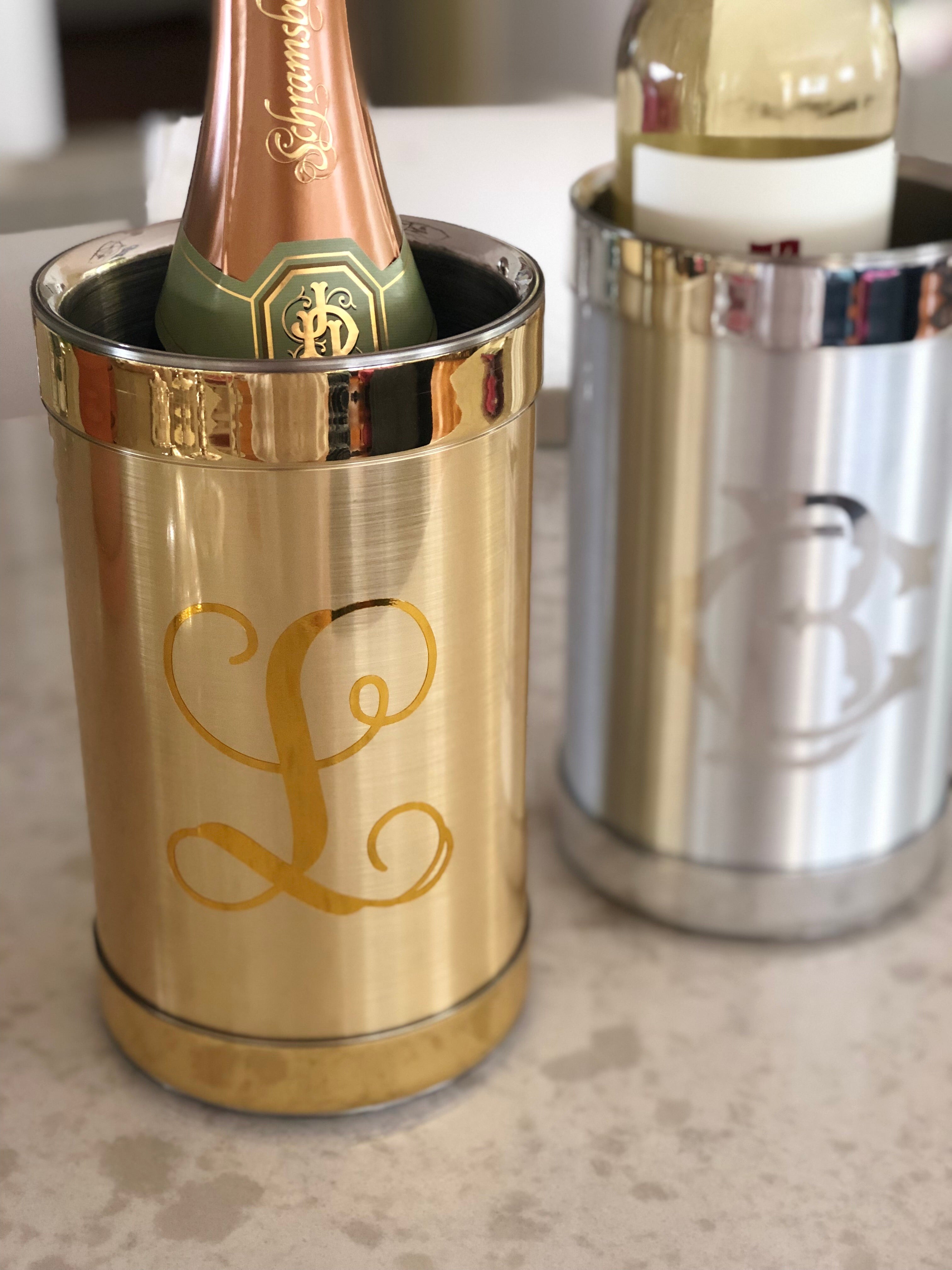 Personalized Double-Wall Insulated Wine Bottle Cooler - Floral Monogram