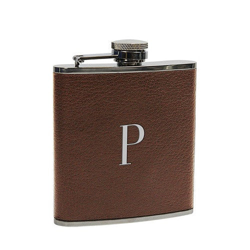 Chestnut Leather Wrapped Single Initial Flask